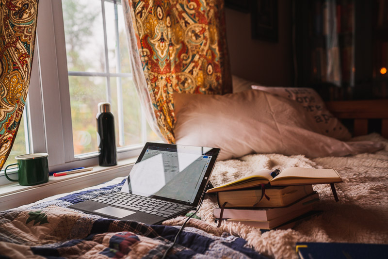 Snuggled on my bed for an afternoon of writing with a view out the bedroom window