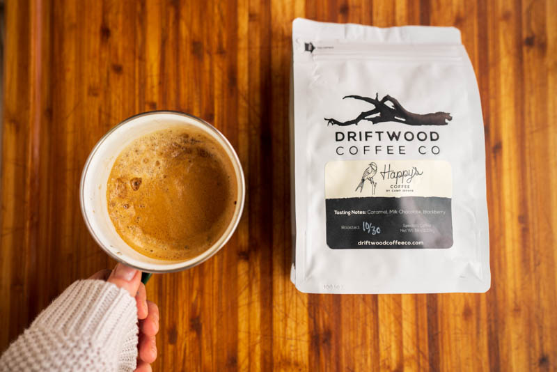 Driftwood coffee beans from Camp Zephyr and a cup of coffee