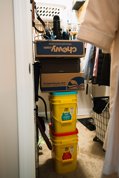 The Blue Yeti atop a plastic tower in the closet studio. Making it work.