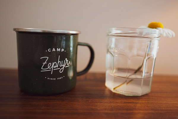 Camp Zephyr tin mug and a lovely flower picked from a recent walk around the neighborhood.