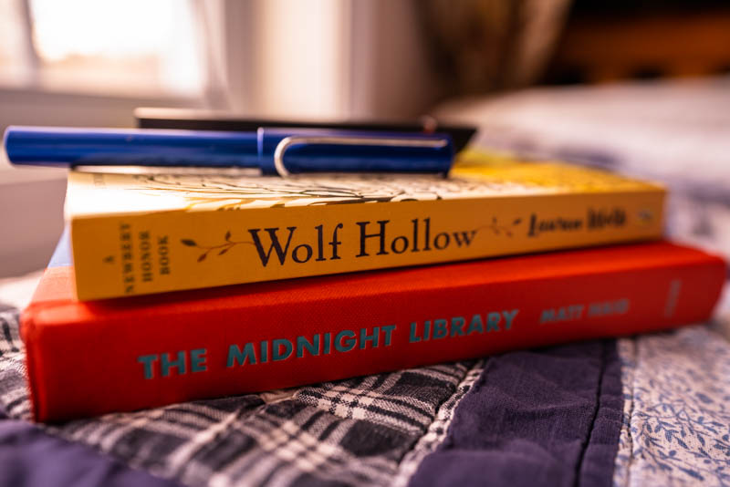 January Reads: Wolf Hollow by Lauren Wolk stacked on top of Matt Haig’s The Midnight Library.